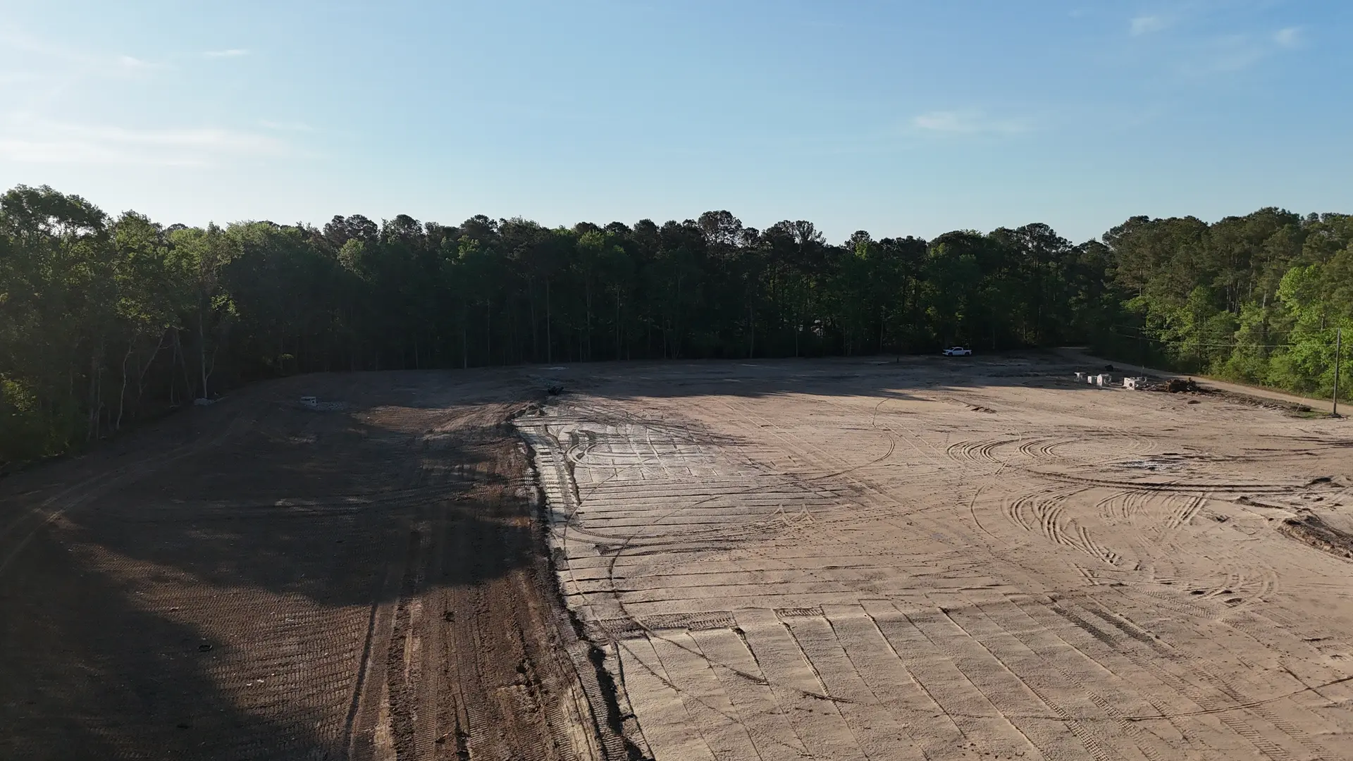 Aerial view of earthwork and pad preparation in the Lowcountry